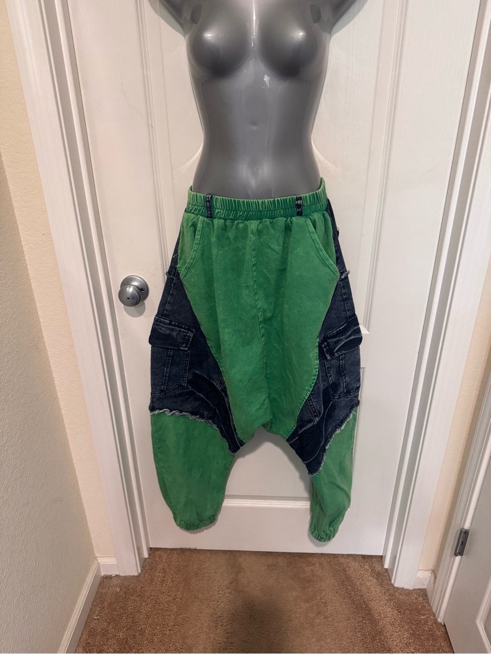 Green and Black Drop-Crotch Jogger Pants